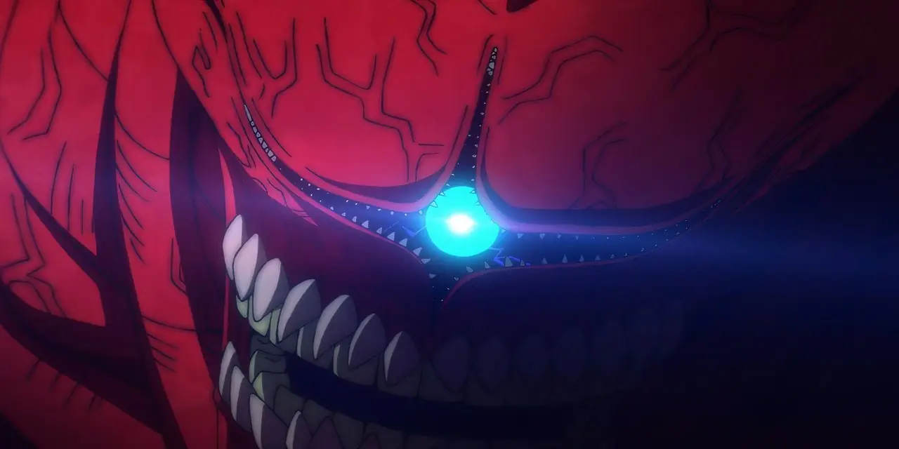 Kaiju Nr. 10 in Folge 9 auf Kaiju Nr. 8 zeigt seine Zähne, während sein Auge blau leuchtet.