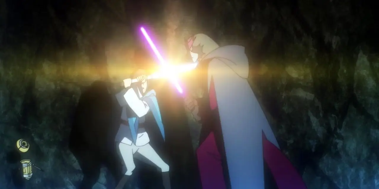 Ethan contre Homen dans Star Wars : Visions saison 1, épisode 5 « Le Neuvième Jedi ».