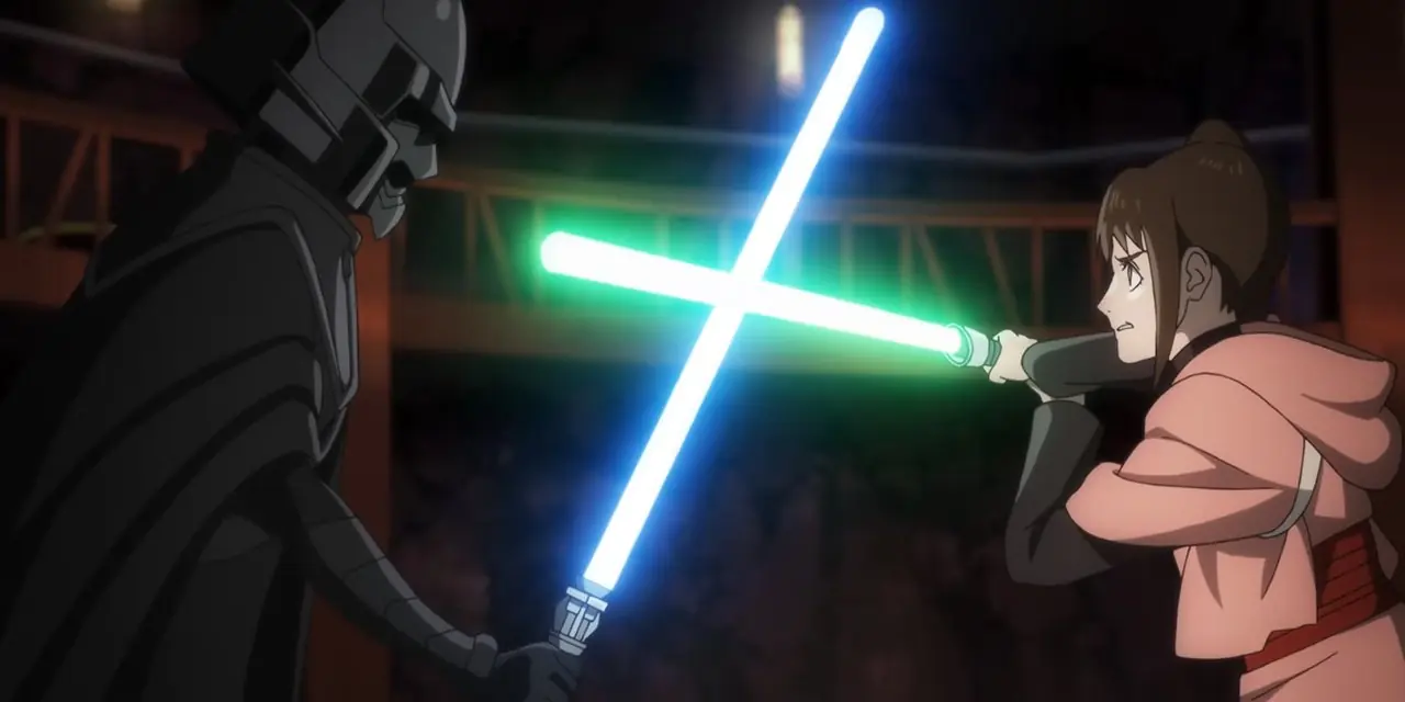 Nawaam og Kara i en lyssabelduell i Star Wars Visions Presents - The Ninth Jedi