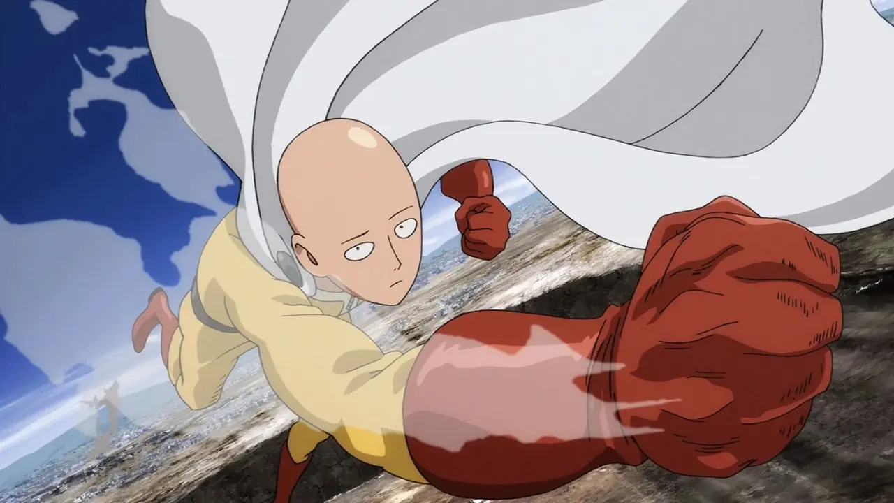 Saitama lecący po niebie w One-Punch Man