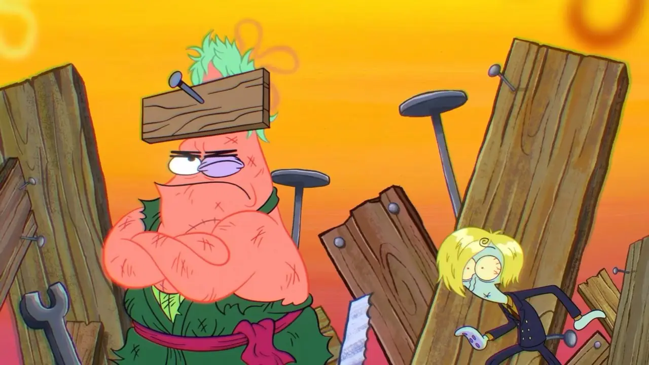 McDonalds-Werbung für das Crossover „SpongeBob One Piece“ zeigt Patrick als Zoro verkleidet, der seine Arme in der Pose „Nichts ist passiert“ verschränkt, während ihn im Hintergrund ein schockierter Sanji Thaddäus ansieht.