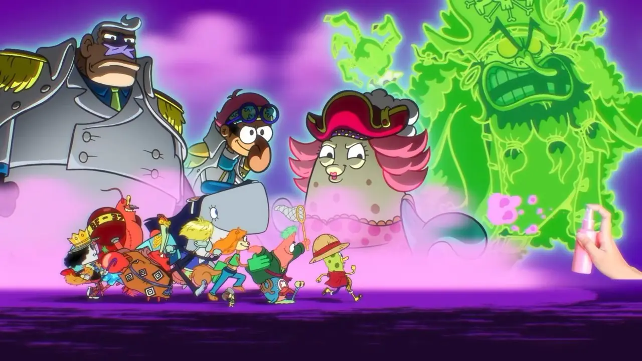 Die McDonalds-Werbung für „SpongeBob One Piece Crossover“ zeigt eine große Anzahl von SpongeBobs Darstellern, die als One Piece-Charaktere verkleidet sind und gemeinsam nach rechts gehen, während vier bedrohliche Charaktere über ihnen auftauchen.