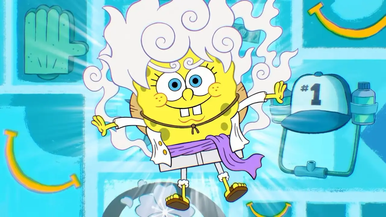 McDonalds-Werbung für das Crossover „SpongeBob One Piece“ zeigt Spongebob als Gear 5 Ruffy verkleidet, komplett mit weißen Haaren und Kleidung.
