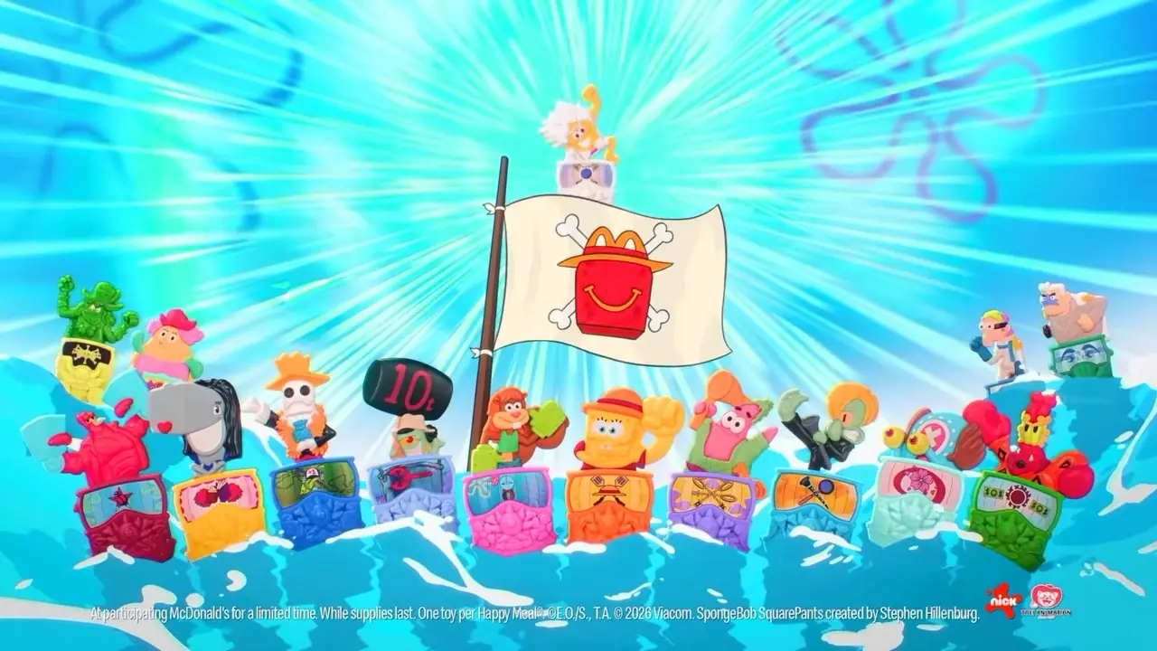 McDonalds-Werbung, in der alle Crossover-Spielzeuge von SpongeBob Schwammkopf aus One Piece gezeigt werden, wobei jedes eine SpongeBob-Figur zeigt, die als One Piece-Figur verkleidet ist.
