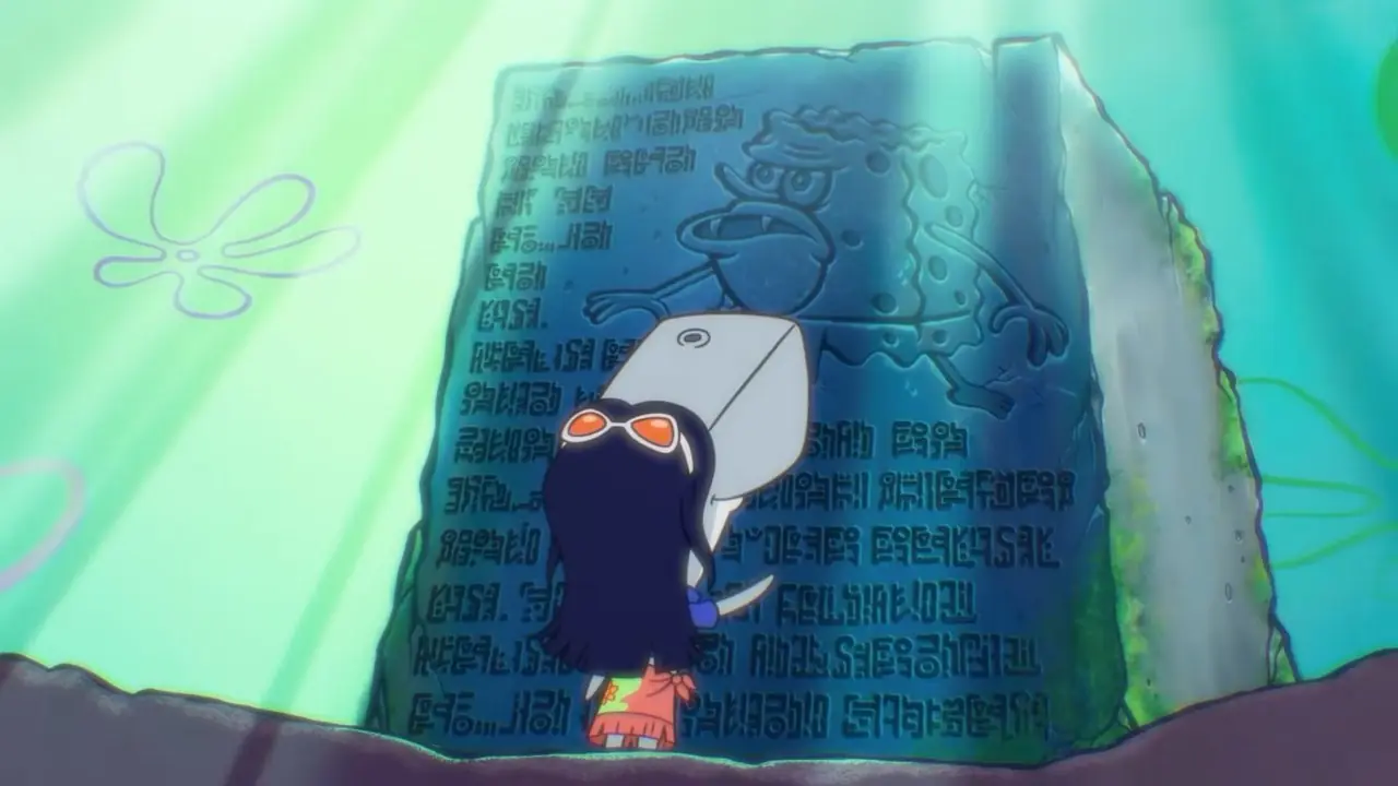 La pubblicità di McDonald's per il crossover SpongeBob SquarePants One Piece mostra la balena Perla vestita da Robin mentre guarda un enorme cubo di pietra Poneglyph che ha una versione preistorica di Spongebob su di esso.