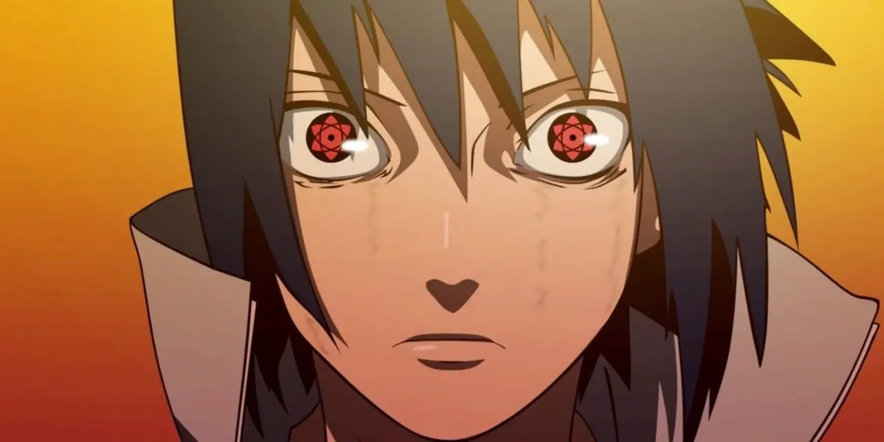 Et nærbilde av Sasuke som vekker Mangekyo Sharingan i Naruto