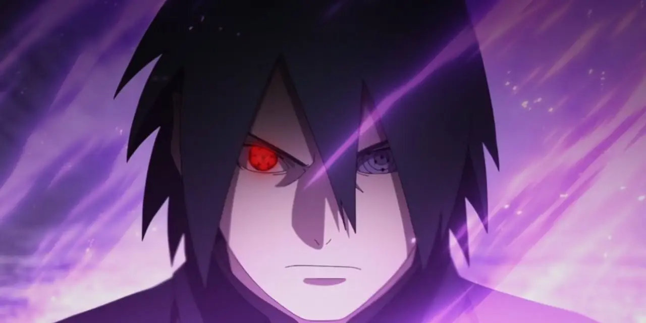 Sasuke Uchiha z Naruto używający swojego rinnegana i Sharingana na fioletowym tle.