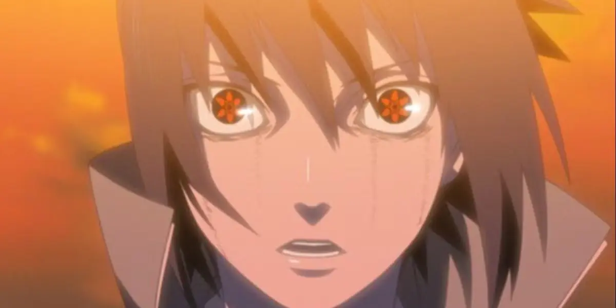 Sasuke płacze, budząc swojego Mangeyko Sharingana w odcinku Prawda Naruto Shippuden