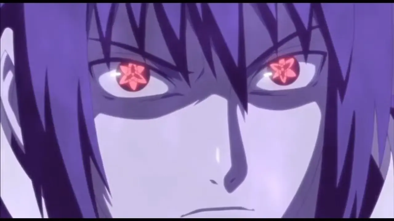 Zbliżenie Sasuke pokazującego oba Sharingany