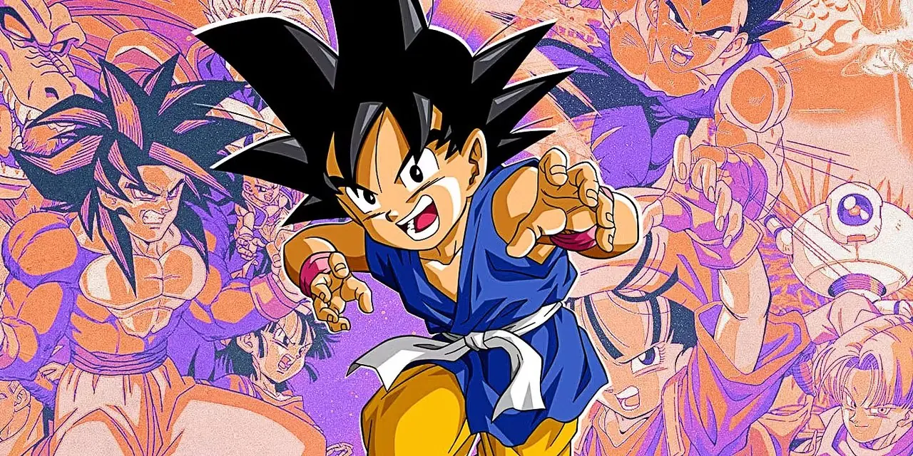 Dragon Ball GT:s Kid Goku hoppar upp för en attack över en bakgrund av en affisch från GT. Dragon Ball GT:s Kid Goku hoppar upp för en attack över en bakgrund av en affisch från GT.