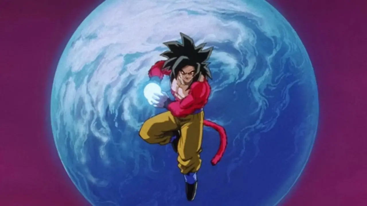Goku laddar sin 10x Kamehameha framför månen i Dragon Ball GT.