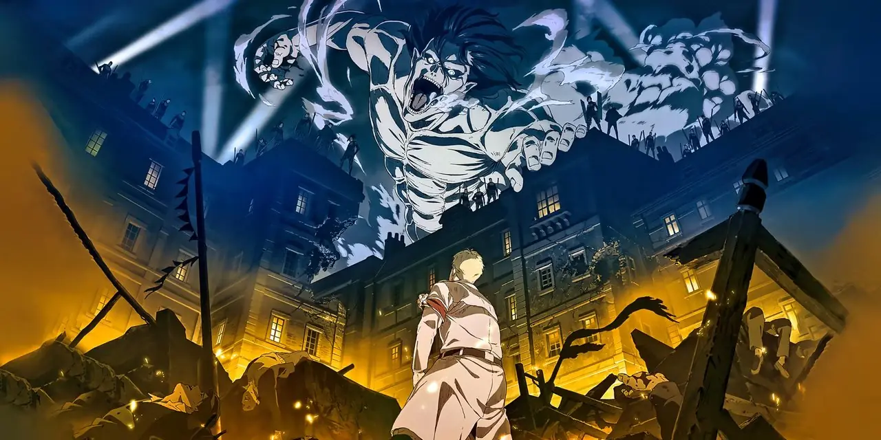 الصورة المميزة لأنمي Attack on Titan - العملاق الهجومي الخاص بـ Eren Yeager Jeager وهو ينظر إلى راينر في الموسم الرابع من Attack on Titan