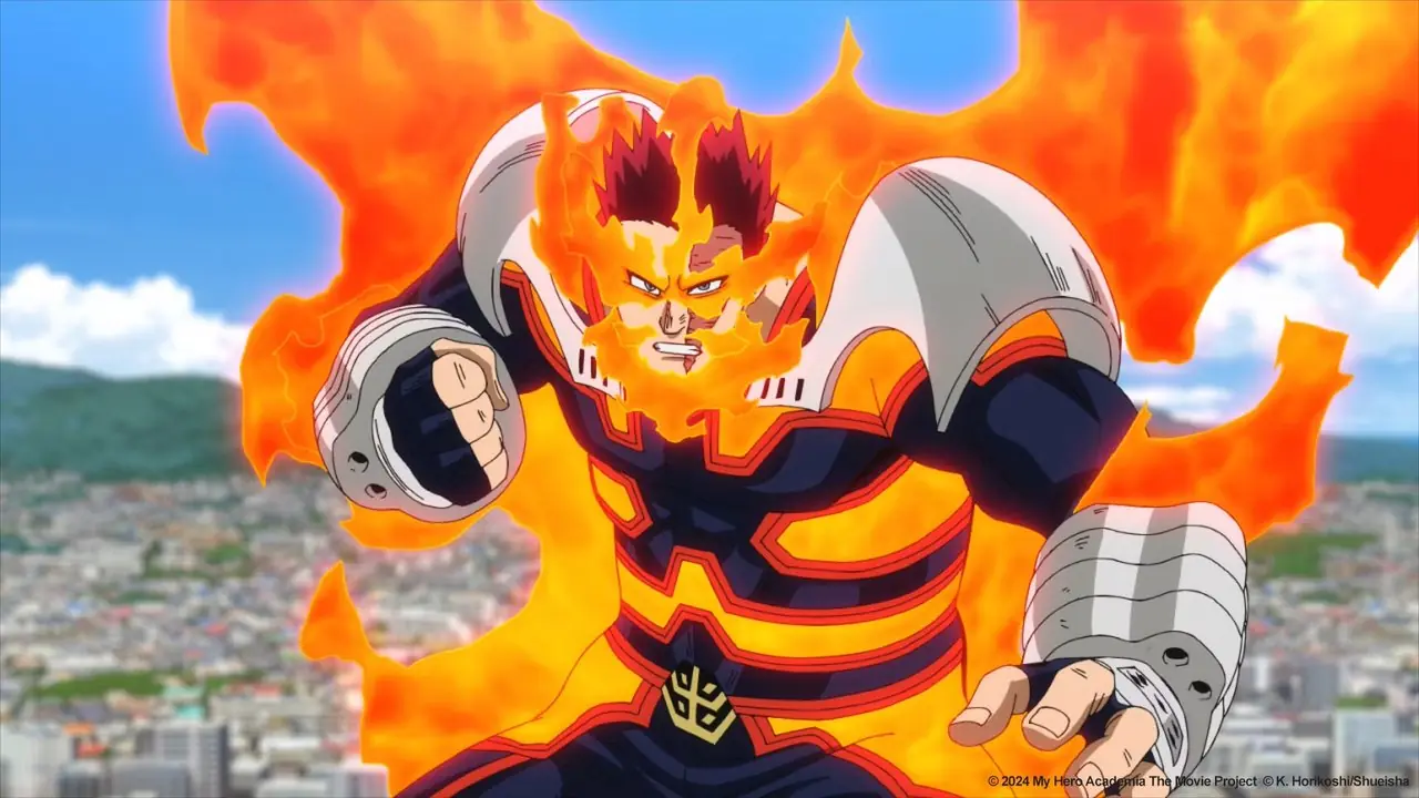 El Endeavour de My Hero Academia You're Next aprieta los dientes mientras está rodeado de fuego. El Endeavour de My Hero Academia You're Next aprieta los dientes mientras está rodeado de fuego.