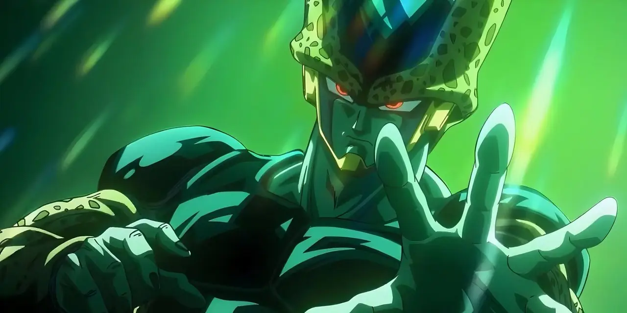 L'immagine dall'anime Dragon Ball Daima Episodio 1 mostra Perfect Cell durante un flashback il cui disegno con incredibile dettaglio come una luce verde scuro si riversa su di lui mentre sembra determinato con le braccia tese.