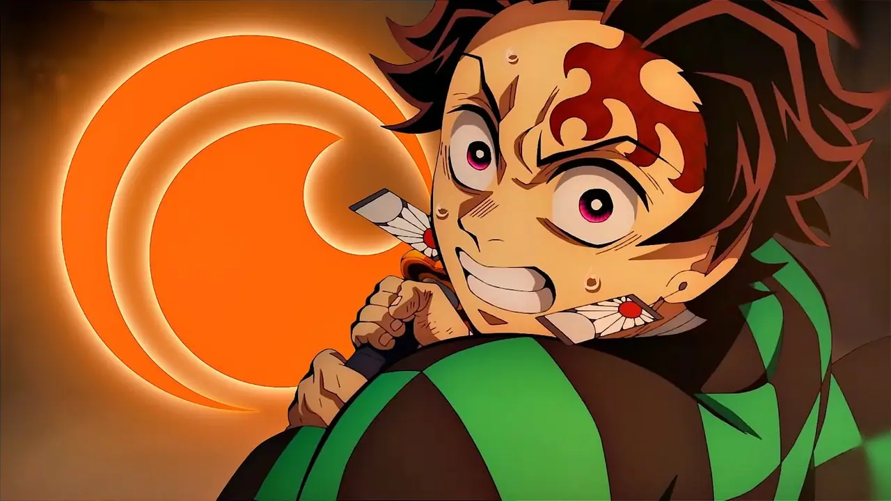 Demon Slayer: Tanjiro de Infinity Castle está a punto de golpear a Akaza con el logo de Crunchyroll detrás de él.