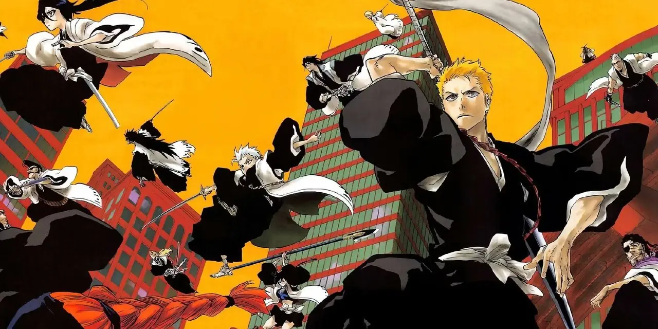 Ilustracja Bleacha przedstawiająca Ichigo i kapitanów Gotei 13 w powietrzu i na tle żółtego nieba Ilustracja Bleacha przedstawiająca Ichigo i kapitanów Gotei 13 w powietrzu i na tle żółtego nieba