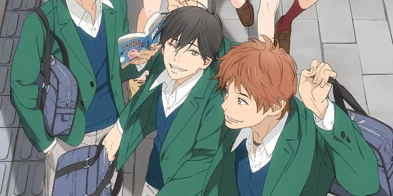 Key visual ufficiale dell'anime arancione in cui i protagonisti maschili ridono insieme mentre vanno a scuola
