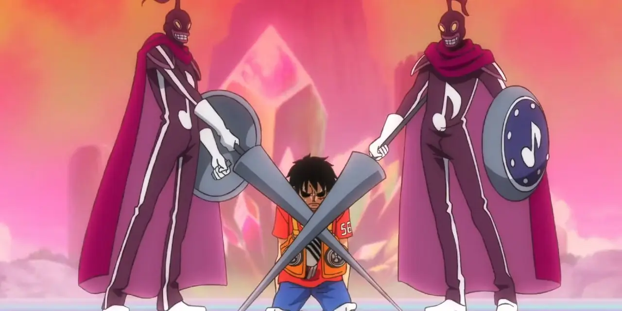 لوفي راكع مع حراس يوتا على كلا الجانبين ورماحهم متقاطعة أمام لوفي في فيلم One Piece Film Red الذي يعكس إعدام روجر لوفي راكع مع حراس يوتا على كلا الجانبين ورماحهم متقاطعة أمام لوفي في فيلم One Piece Film Red الذي يعكس إعدام روجر