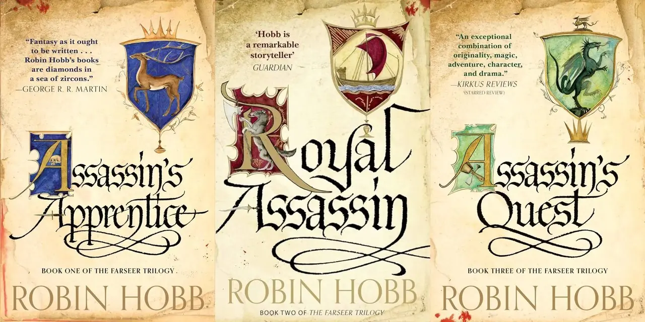 Les couvertures d'Assassin's Apprentice, Royal Assassin et Assassin's Quest de Robin Hobb