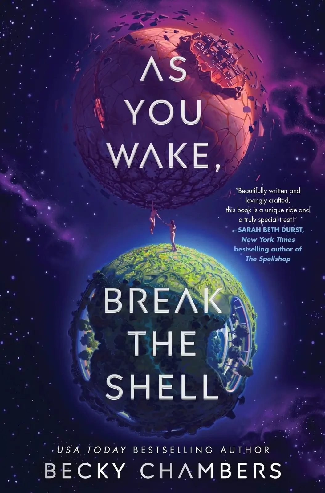 As You Wake Break The Shell, da capa do livro de Becky Chambers, mostra dois planetas no espaço sideral As You Wake Break The Shell, da capa do livro de Becky Chambers, mostra dois planetas no espaço sideral