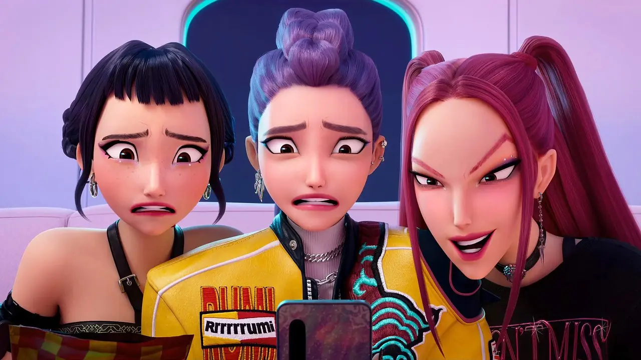 Rumi y Zoey parecen preocupadas mirando un teléfono mientras Mira parece emocionada en KPop Demon Hunters Rumi y Zoey parecen preocupadas mirando un teléfono mientras Mira parece emocionada en KPop Demon Hunters
