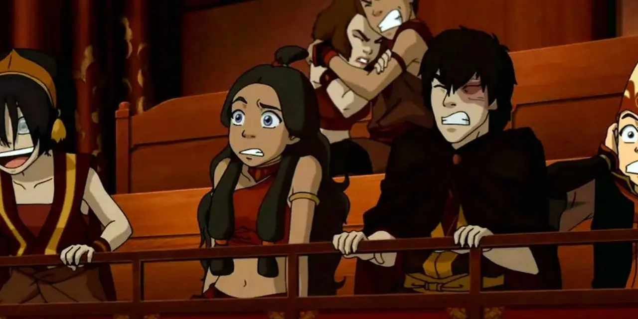 Toph, Katara, Suki, Sokka, Zuko ve Aang, Avatar'da Ember Adası Oyuncularını izliyor Toph, Katara, Suki, Sokka, Zuko ve Aang, Avatar'da Ember Adası Oyuncularını izliyor