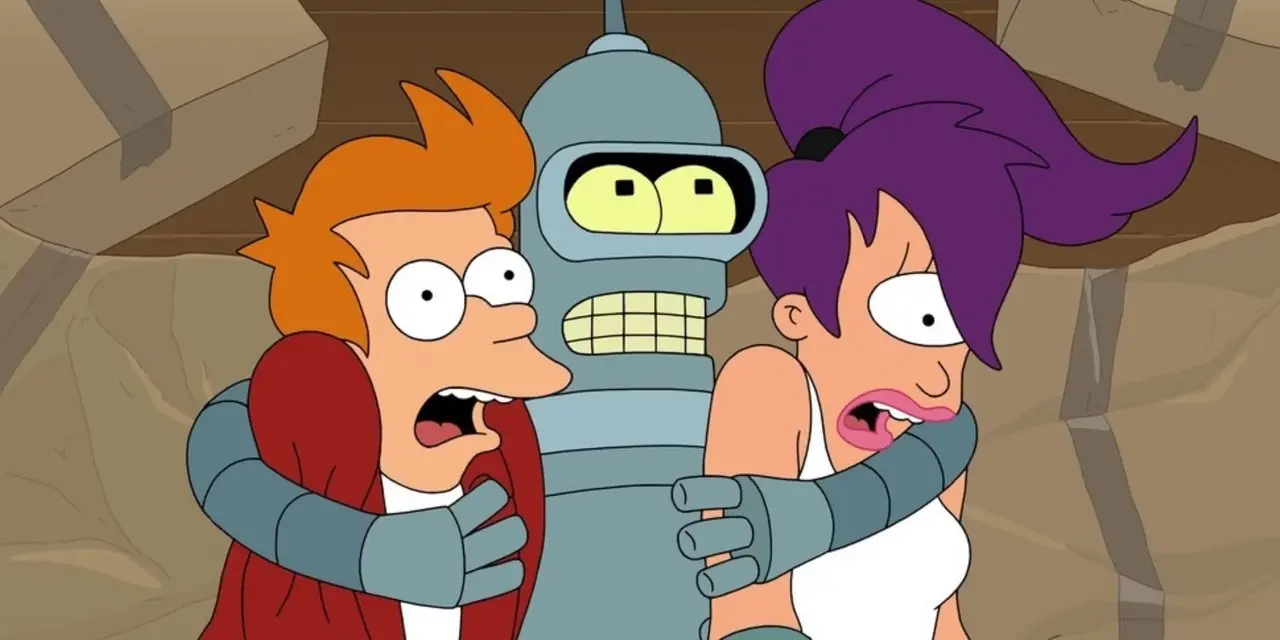 Bender abraza a Fry y Leela quienes lucen incómodos en Futurama