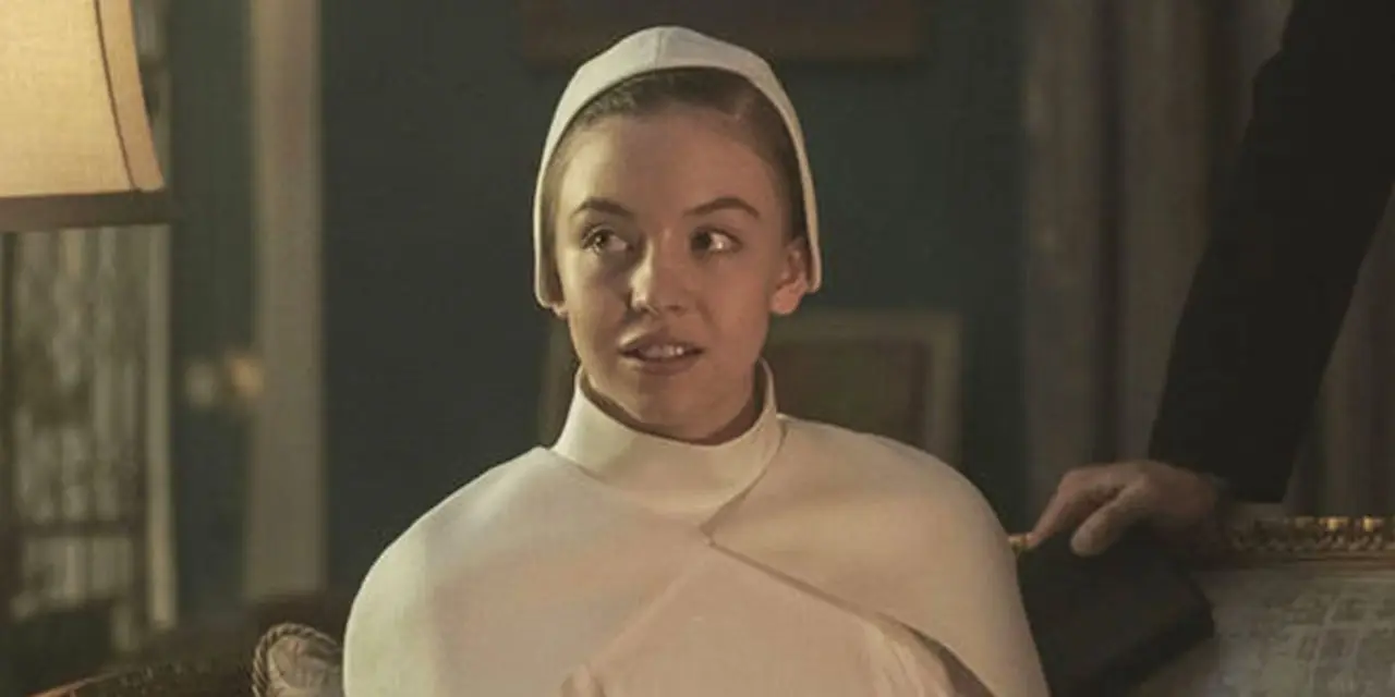 Sydney Sweeney jako Eden w bieli w „Opowieści podręcznej”.