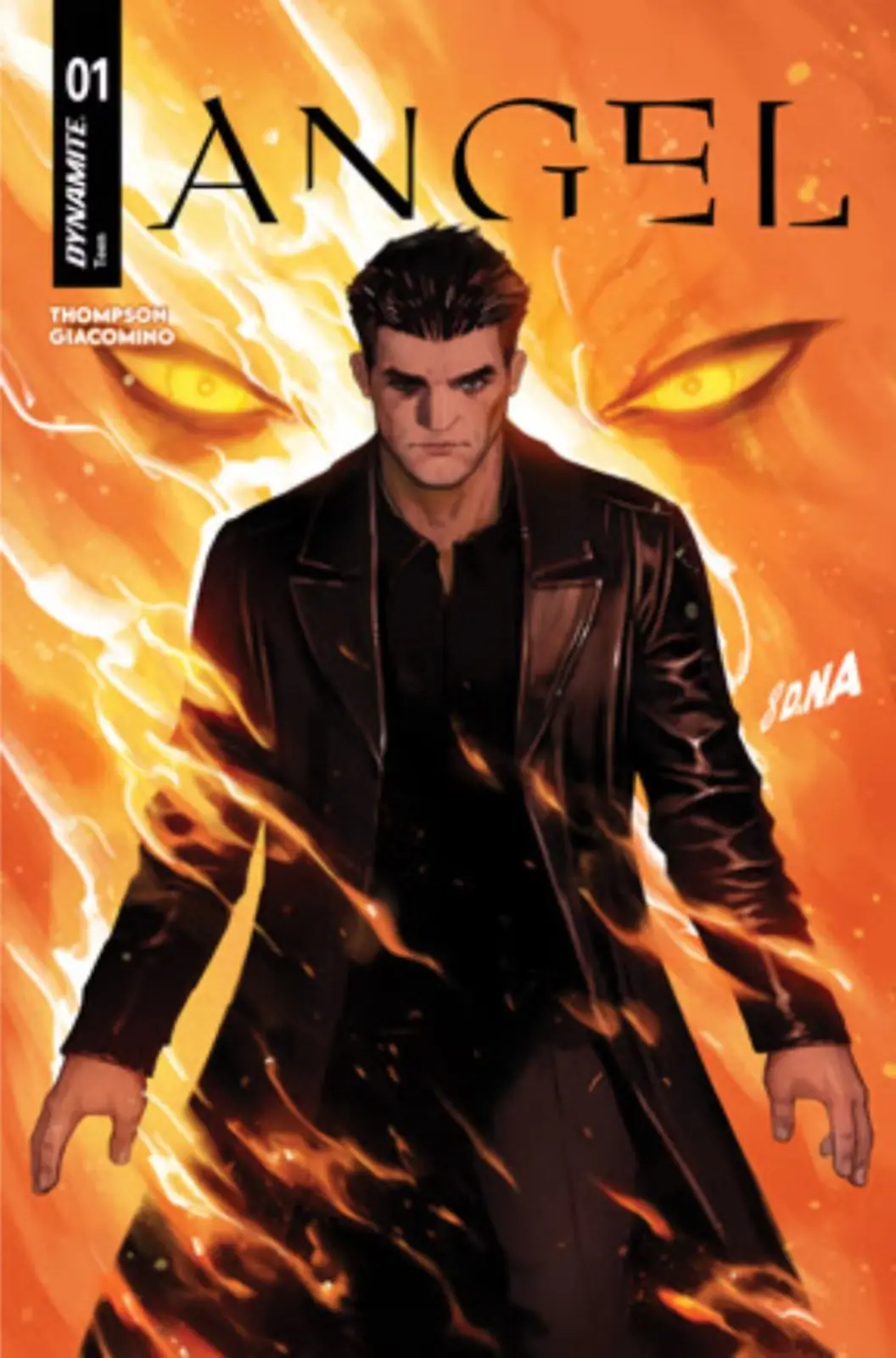 Angel se tient debout, enveloppé de flammes avec une paire d'yeux menaçants derrière lui. Angel se tient debout, enveloppé de flammes avec une paire d'yeux menaçants derrière lui.