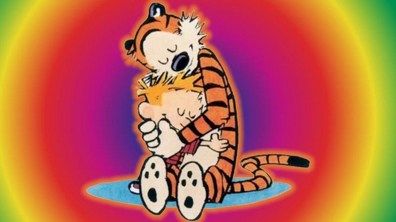 Calvin y Hobbes abrazándose.