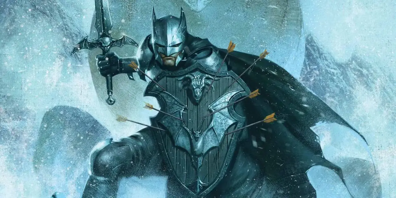 Arte de cómic: Batman con espada y escudo de caballero.