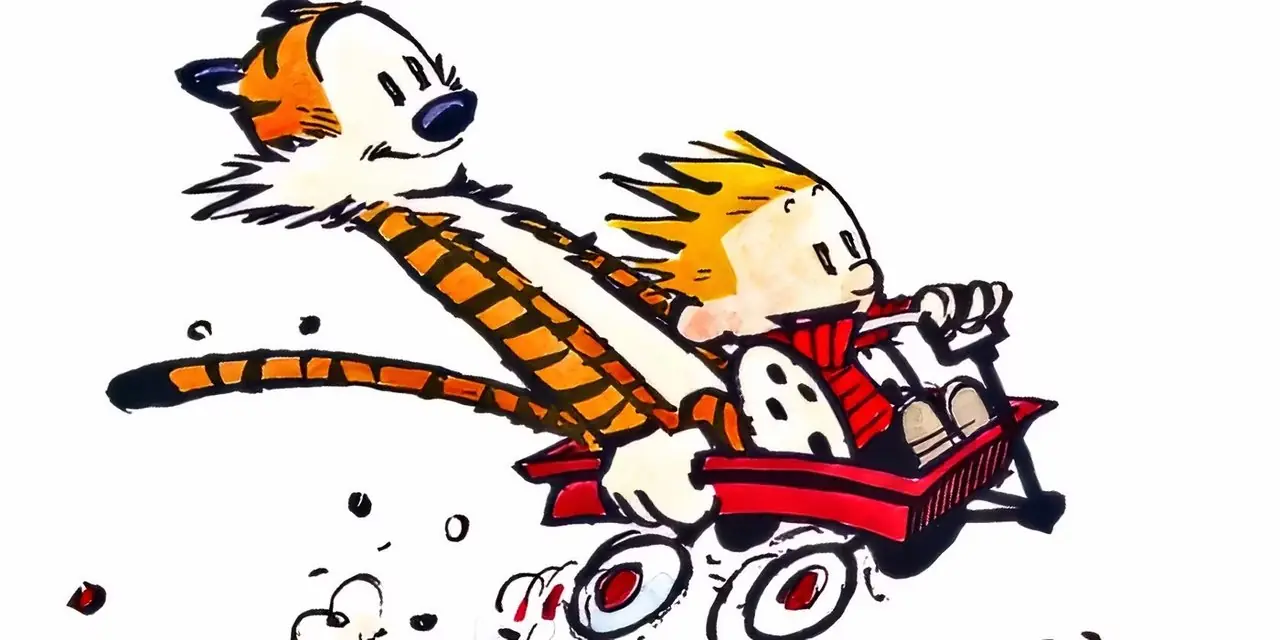 Calvin i Hobbes jadą razem czerwonym wozem.