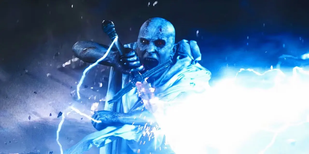 Gorr el Dios Carnicero usando la Necrosword para desviar un rayo en Thor Love and Thunder
