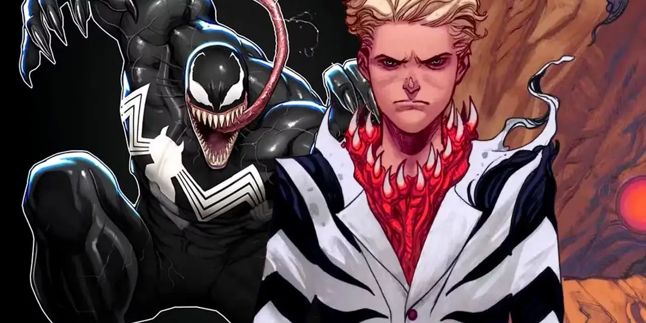 Dylan Brock, con traje blanco y negro, frente al simbionte Venom.