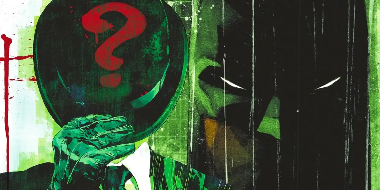 Arte de cómic: Riddler se pone el sombrero sobre la cara frente a un Batman con el ceño fruncido. Arte de cómic: Riddler se pone el sombrero sobre la cara frente a un Batman con el ceño fruncido.