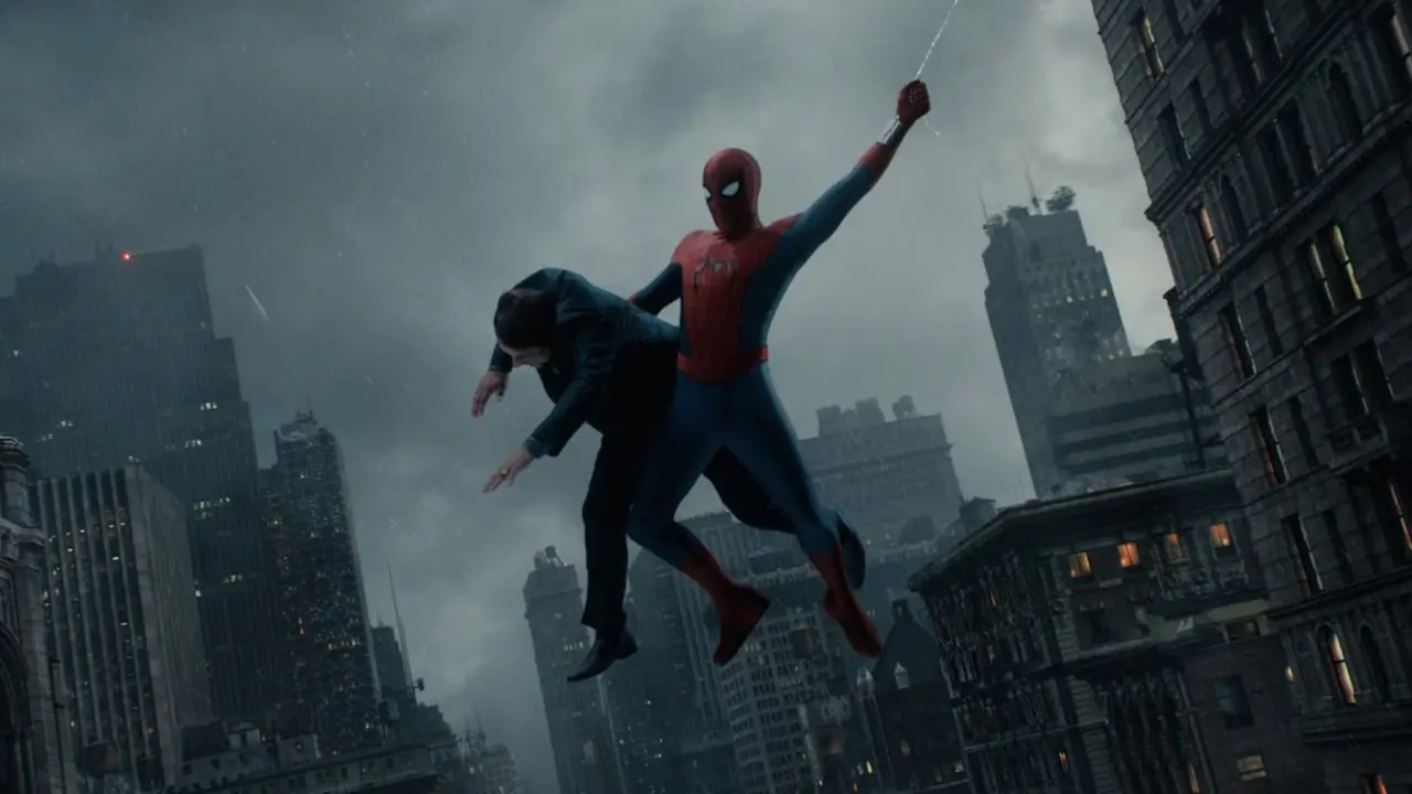 Spider Man huśta się po niebie, trzymając kogoś w Brand New Day