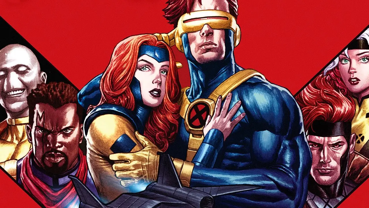 Cíclope abraza a Jean Grey rodeado de X-Men Cíclope abraza a Jean Grey rodeado de X-Men
