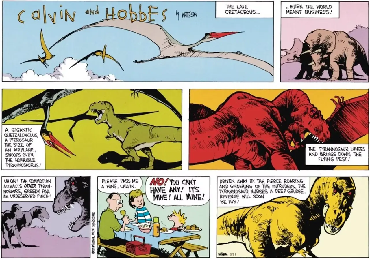 Calvin immagina una scena in cui i dinosauri si uccidono a vicenda in Calvin e Hobbes.