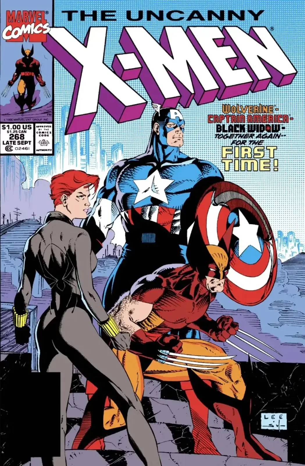 Cover voor Uncanny X-Men #266, met Wolverine, Captain America en Black Widow