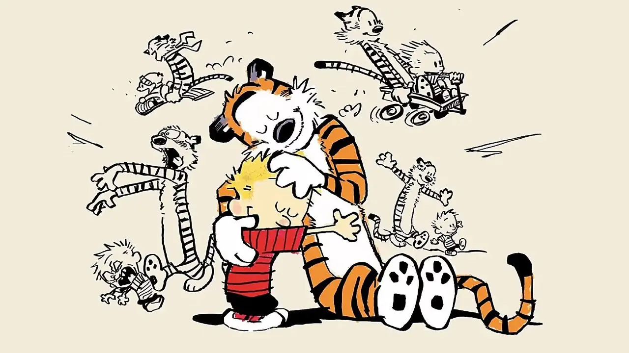 Calvin og Hobbes klemmer hverandre