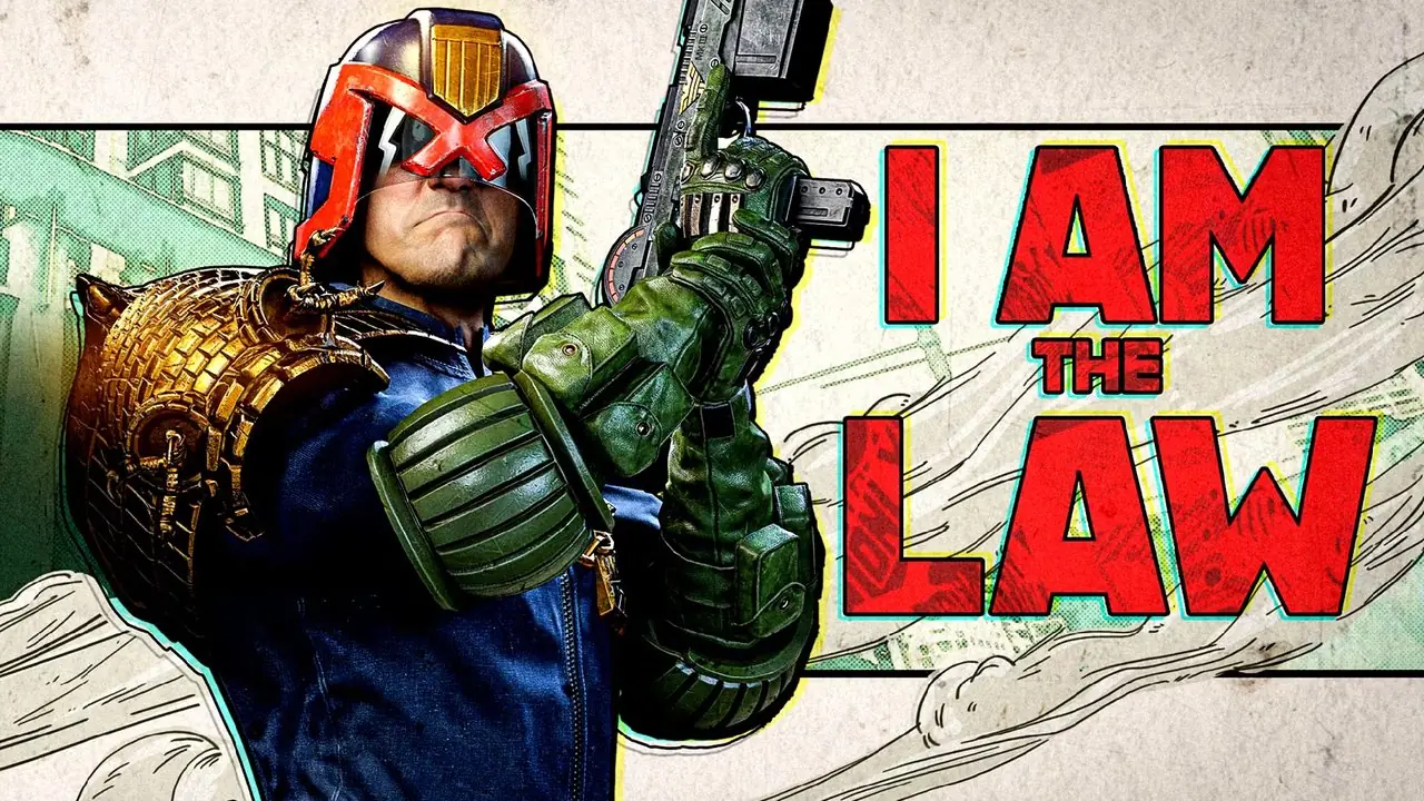 Domare Dredd bär en pistol samtidigt som han säger att jag är lagen