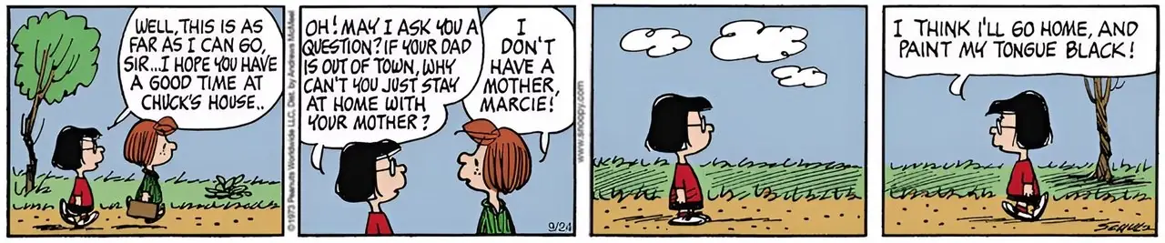Peppermint Patty le dice a Marcie que no tiene madre en la tira de Peanuts del 27 de septiembre de 1973.