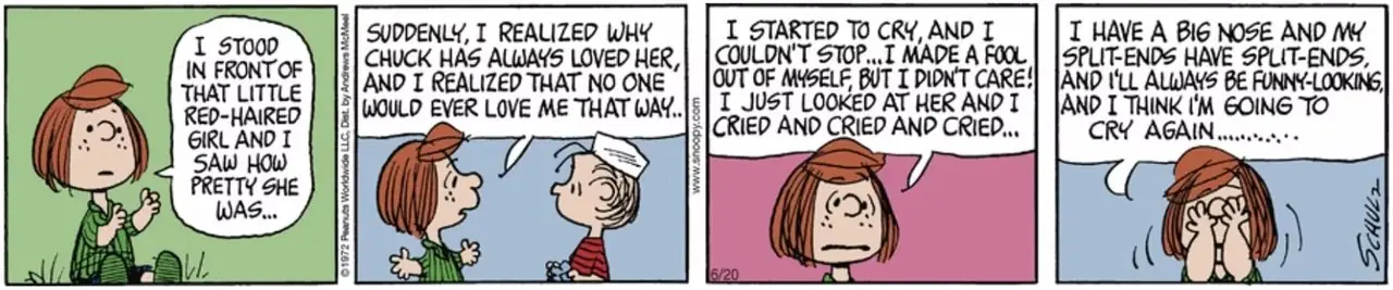Peppermint Patty confida le sue insicurezze a Linus nella striscia dei Peanuts del 22 giugno 1972