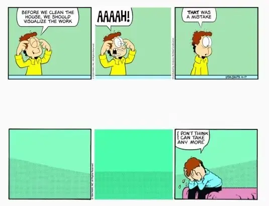 Due strisce di Garfield Meno Garfield. La prima striscia inizia con Jon, con gli occhi chiusi e le mani sulle tempie, che dice