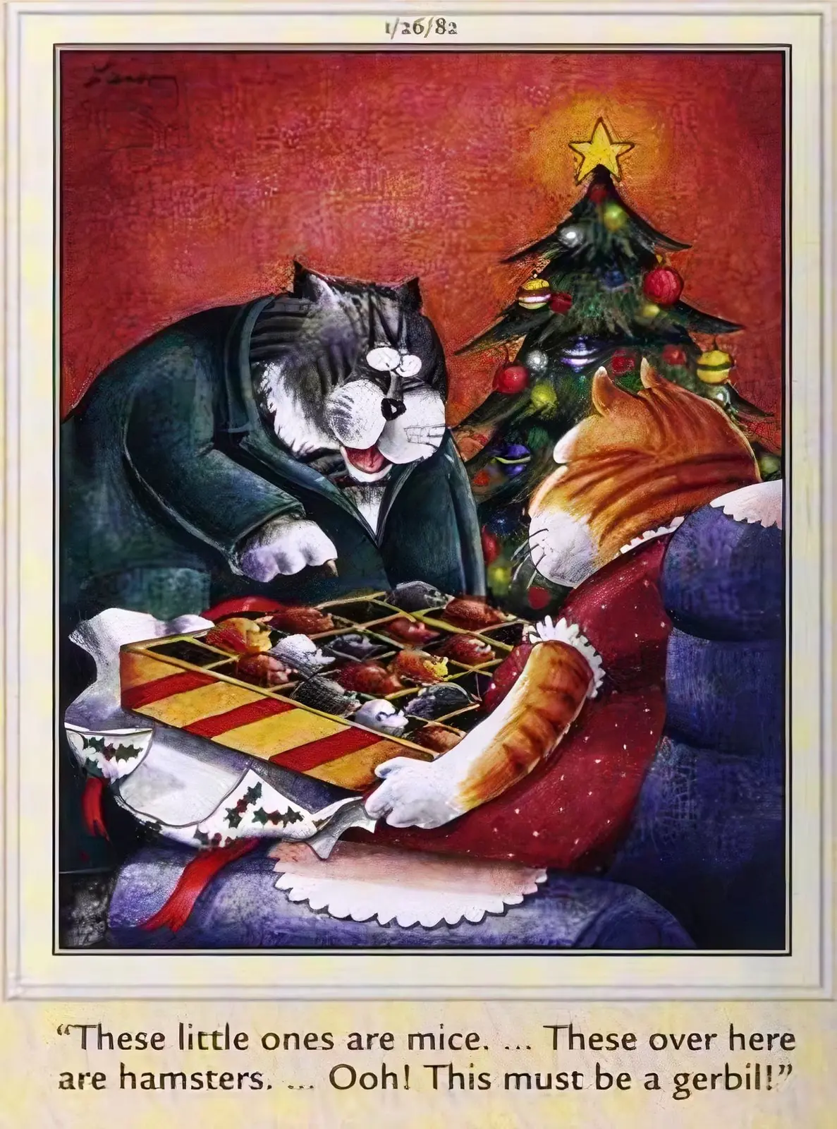ファーサイド、1982 年 1 月 26 日、クリスマスの猫たちが害虫のおやつの箱を眺める ファーサイド、1982 年 1 月 26 日、クリスマスの猫たちが害虫のおやつの箱を眺める