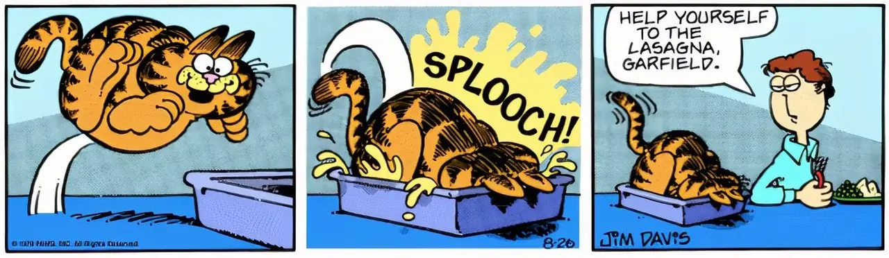 Garfield se lanza de cabeza a la lasaña de Jon.