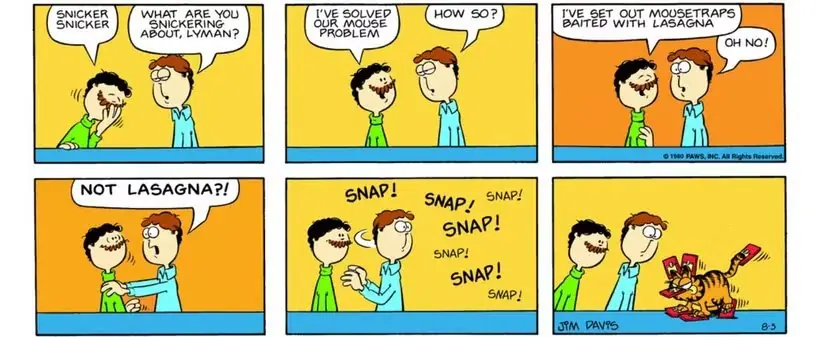Garfield queda atrapado en las ratoneras de lasaña de la imagen de los cómics de Garfield