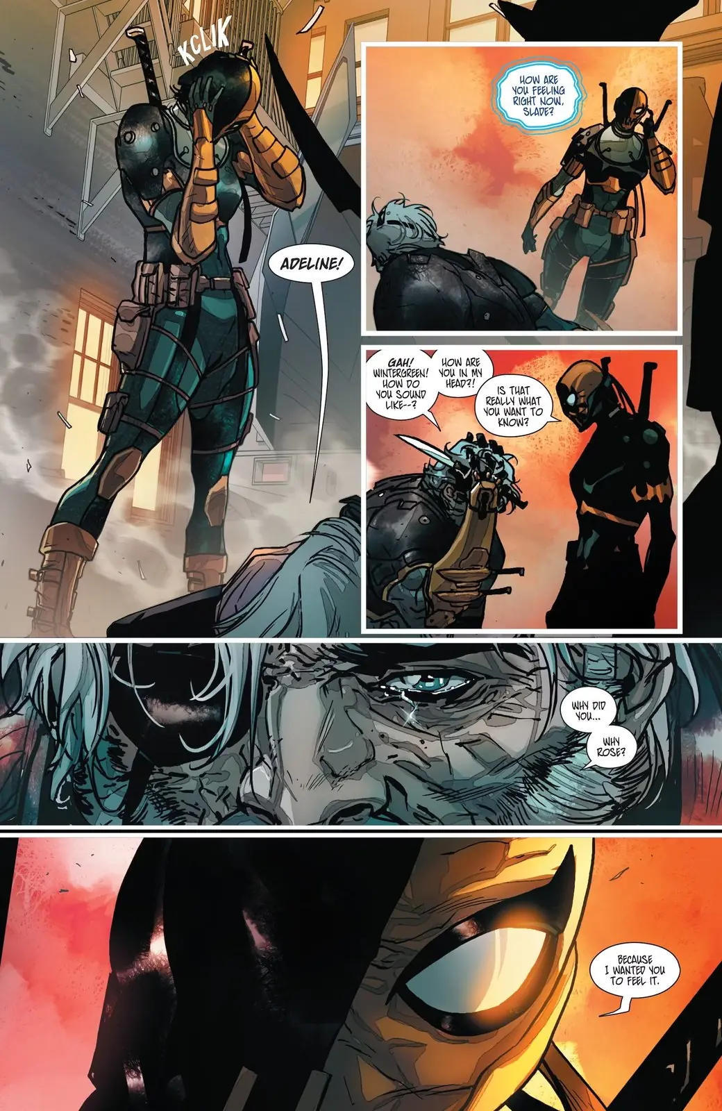 Slade Wilson hablando con Adeline Kane, vestida como Deathstroke Slade Wilson hablando con Adeline Kane, vestida como Deathstroke
