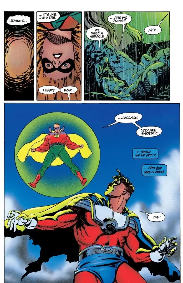 Une page du numéro quatre de The Golden Age montrant Green Lantern (Alan Scott) arrivant au combat.