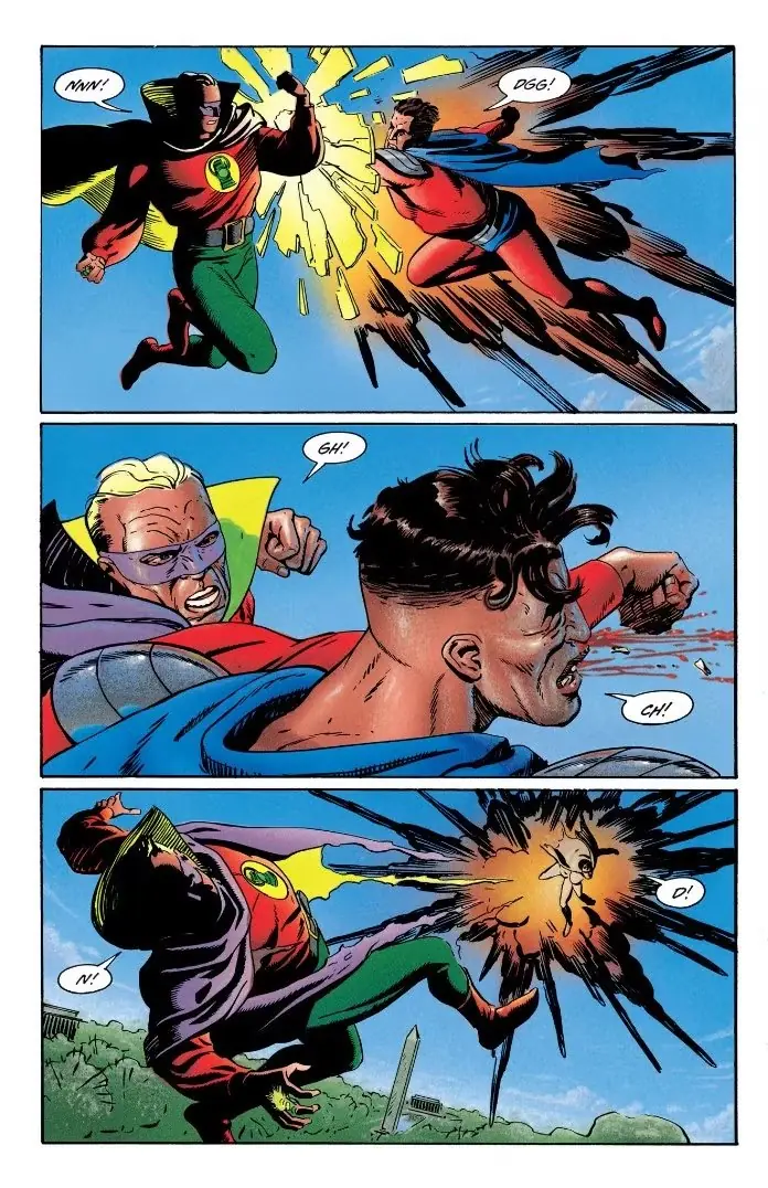 Une page du numéro quatre de The Golden Age montrant Green Lantern (Alan Scott) et Dynaman (Hitler) échangeant des coups.